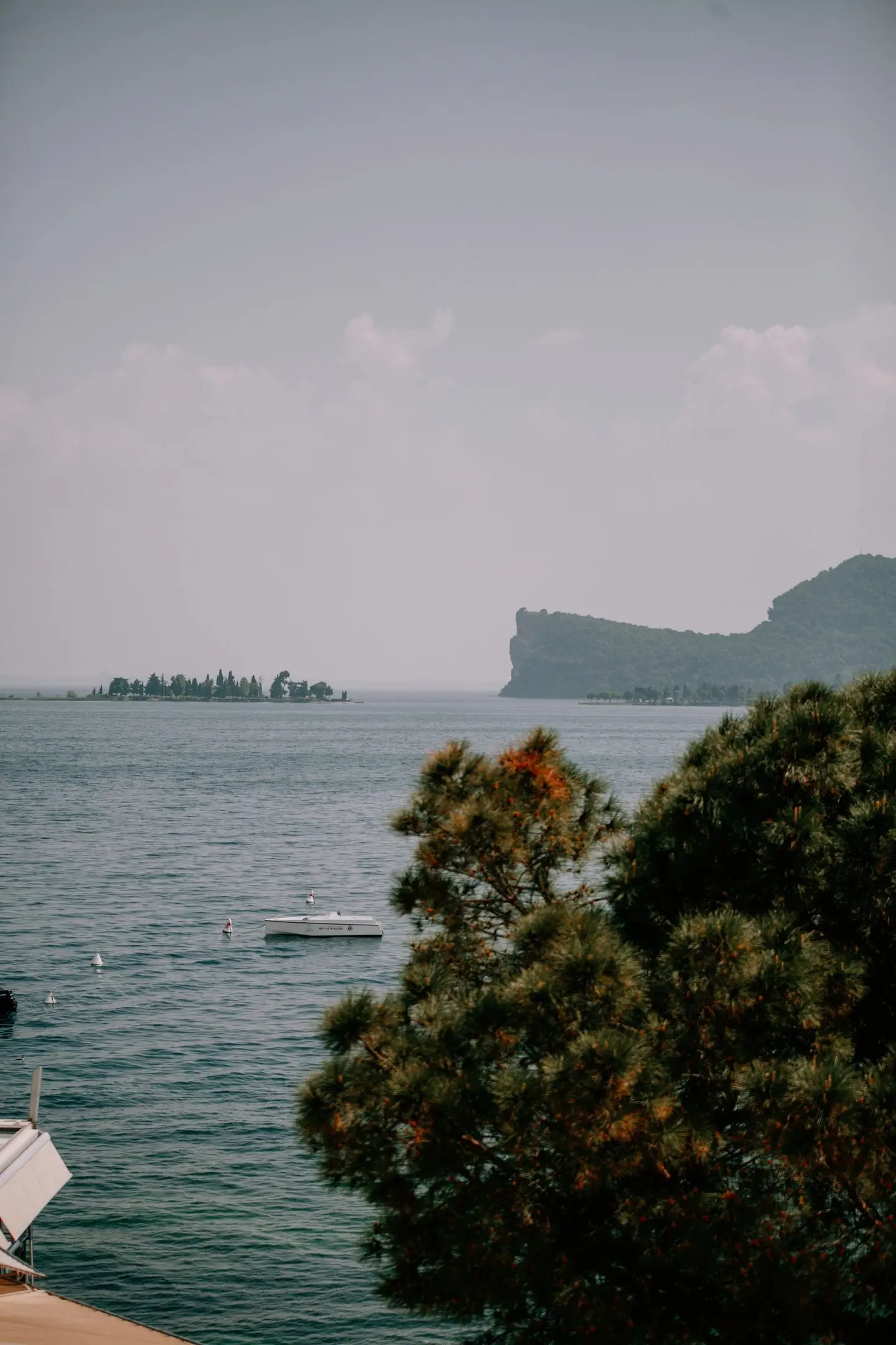 Il lago e la Rocca di Manerba visti dall'alto, fra i pini