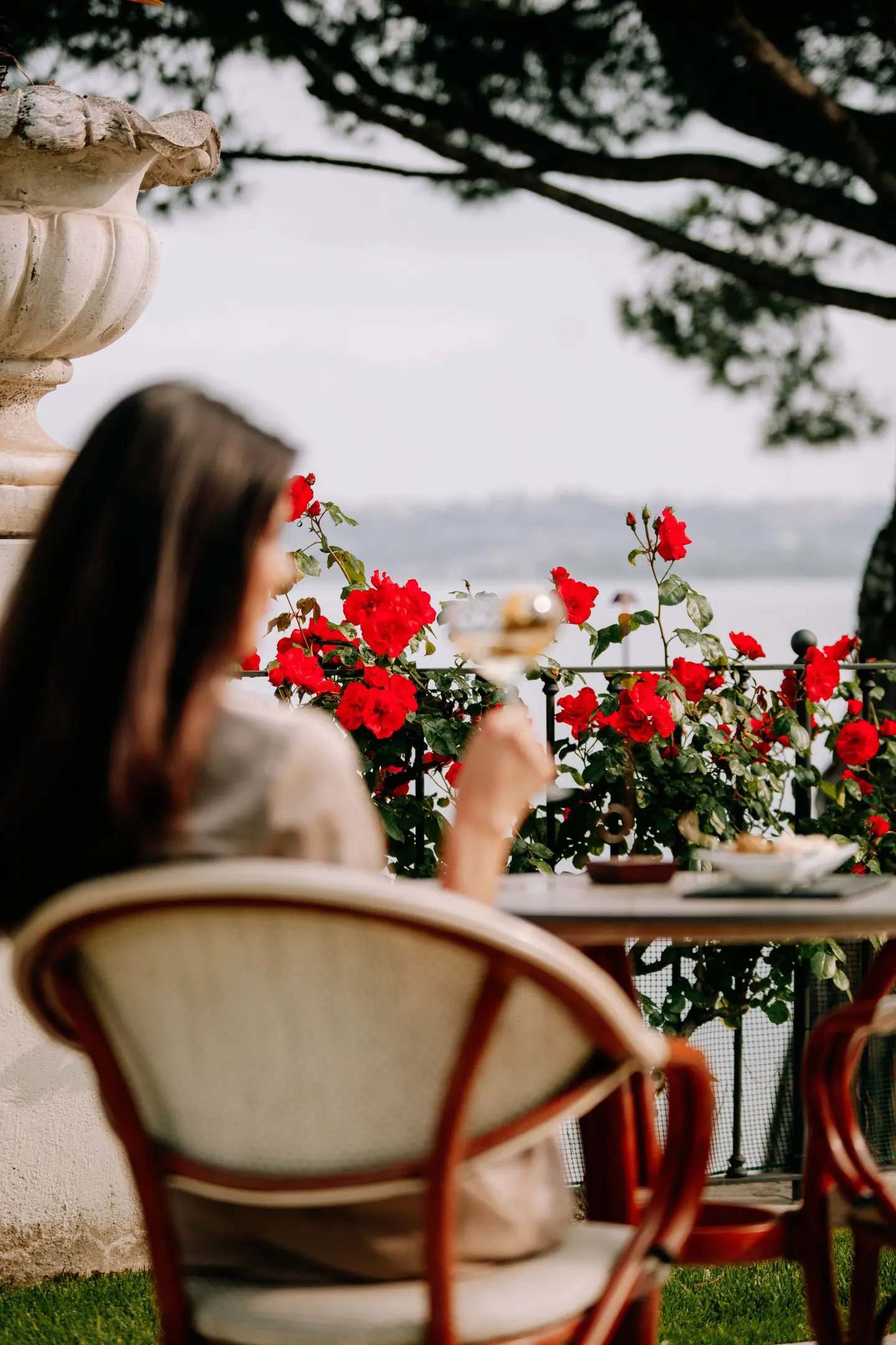 Un'ospite a colazione fra le rose, davanti al lago