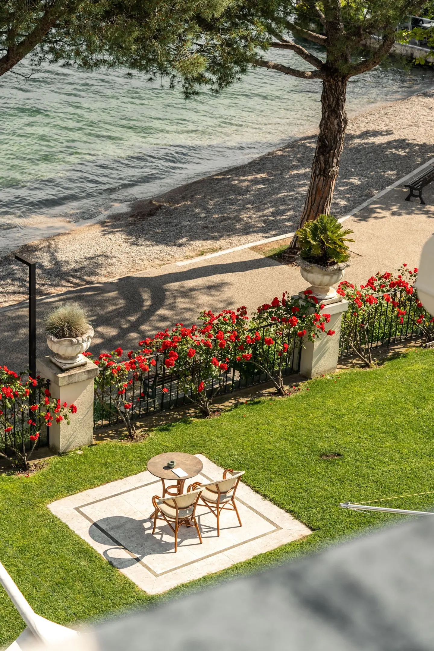 A small table with two chairs on the garden lawn, among roses, above the lake beach