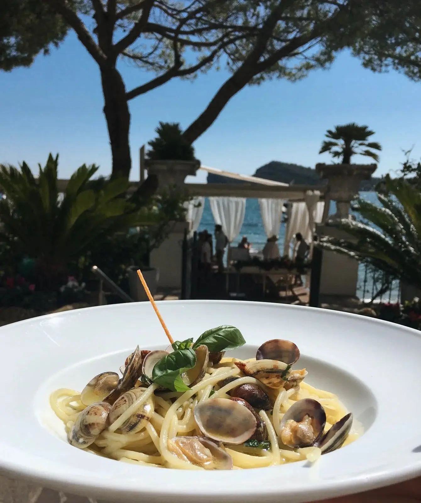 Spaghetti alle vongole, con la terrazza sullo sfondo